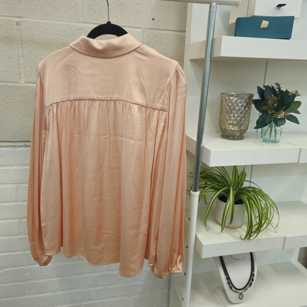 Peach Satin V Neck Collared Blouse - Picture 4 of 12